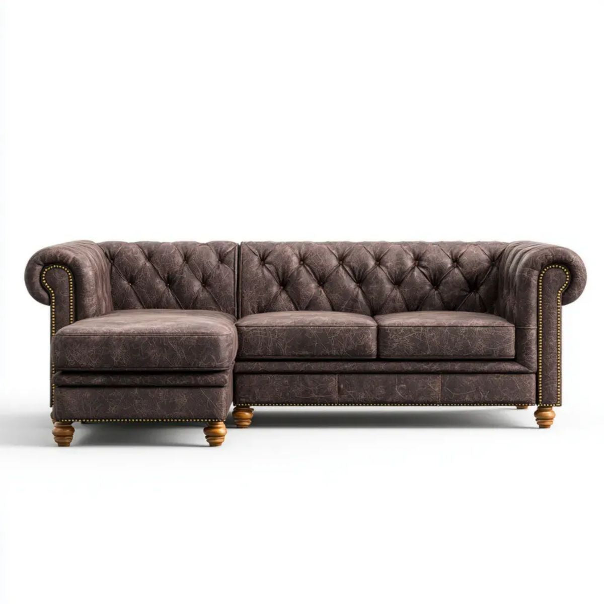 Lewostronna sofa narożna Chesterfield z tapicerką PU, ciemnobrązowa, 275 x 165 x 78 cm