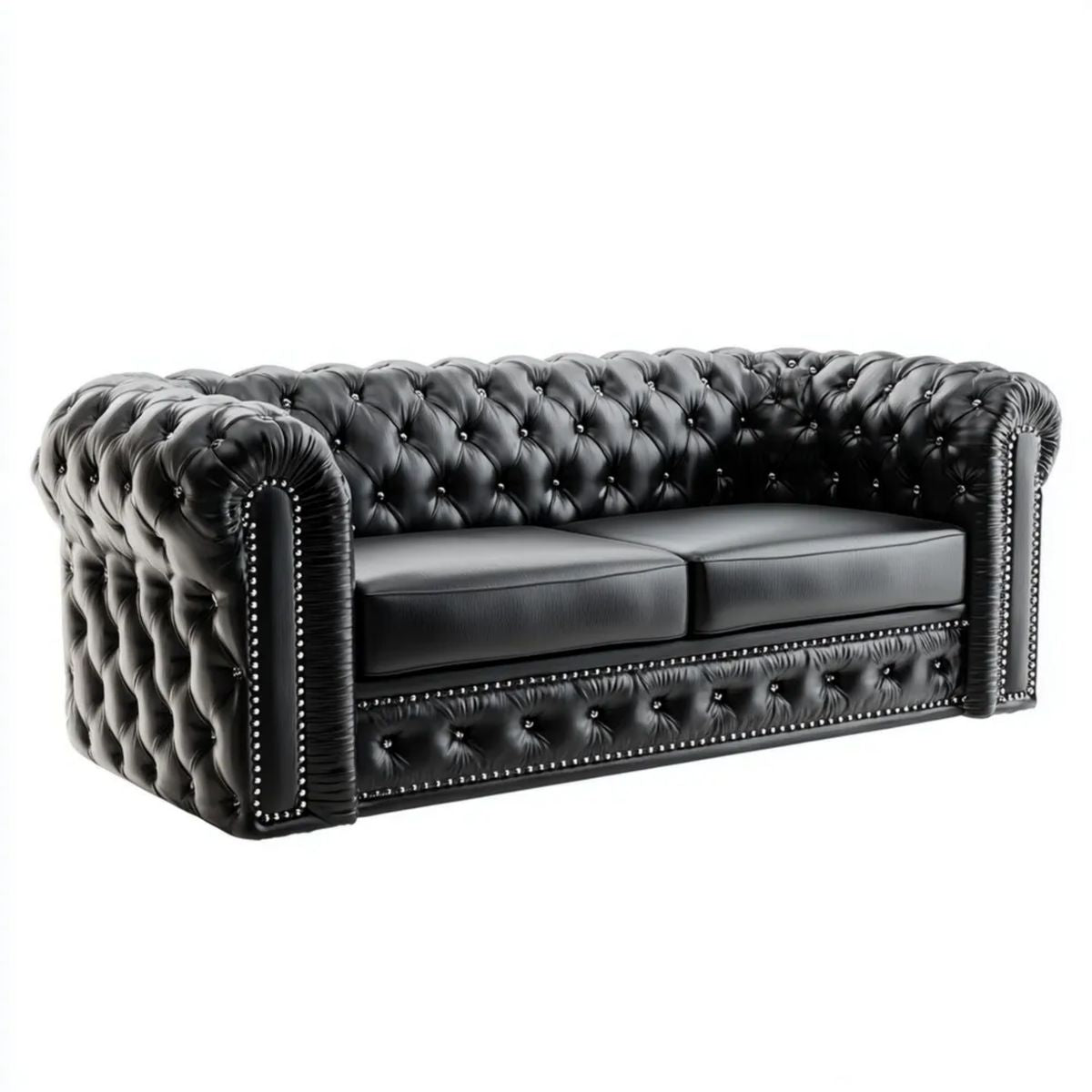 Sofa trzyosobowa Chesterfield z ekoskóry czarna 220 x 90 x 75 cm
