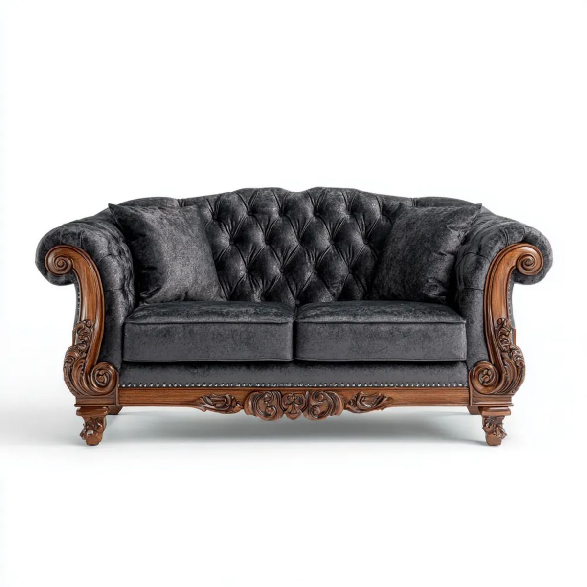 Dwuosobowa sofa Chesterfield z aksamitu na drewnianej ramie, ciemnoszaro-brązowa, 170 x 90 x 92 cm