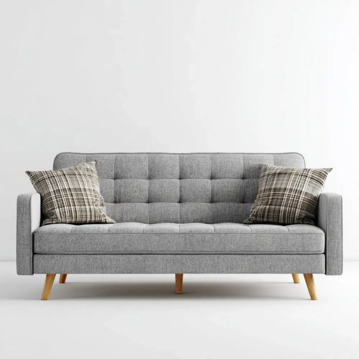 Trzyosobowa sofa z tapicerką poliestrową, szara z jasnobrązowymi nogami, 205 x 85 x 86 cm