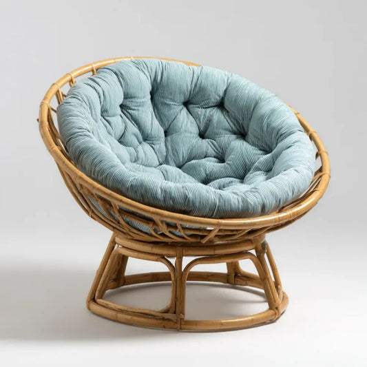 Fotel ogrodowy Papasan z naturalnego rattanu z jasnoniebieską poduszką, 100 x 100 x 85 cm