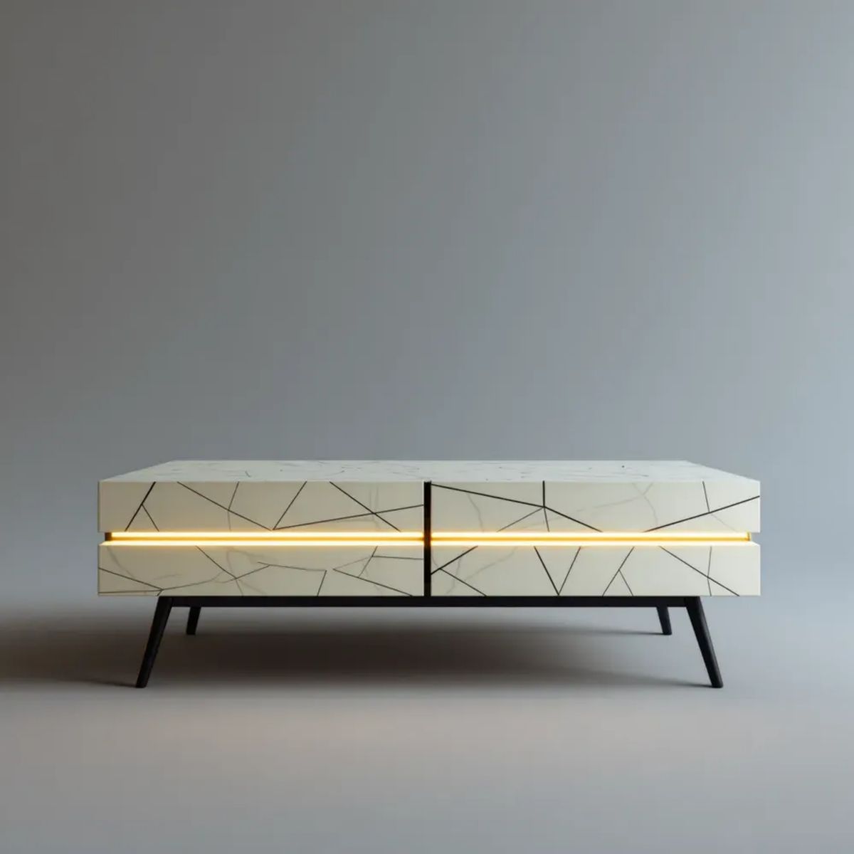 Biały stolik kawowy MDF z 4 szufladami, oświetleniem LED i czarnymi nogami 160 x 40 x 50 cm