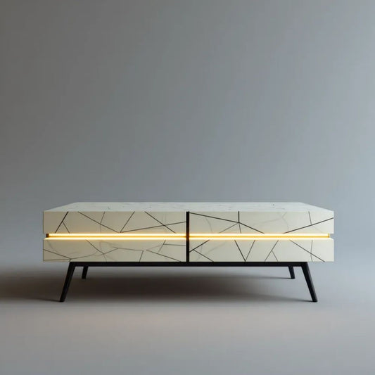 Biały stolik kawowy MDF z 4 szufladami, oświetleniem LED i czarnymi nogami 160 x 40 x 50 cm