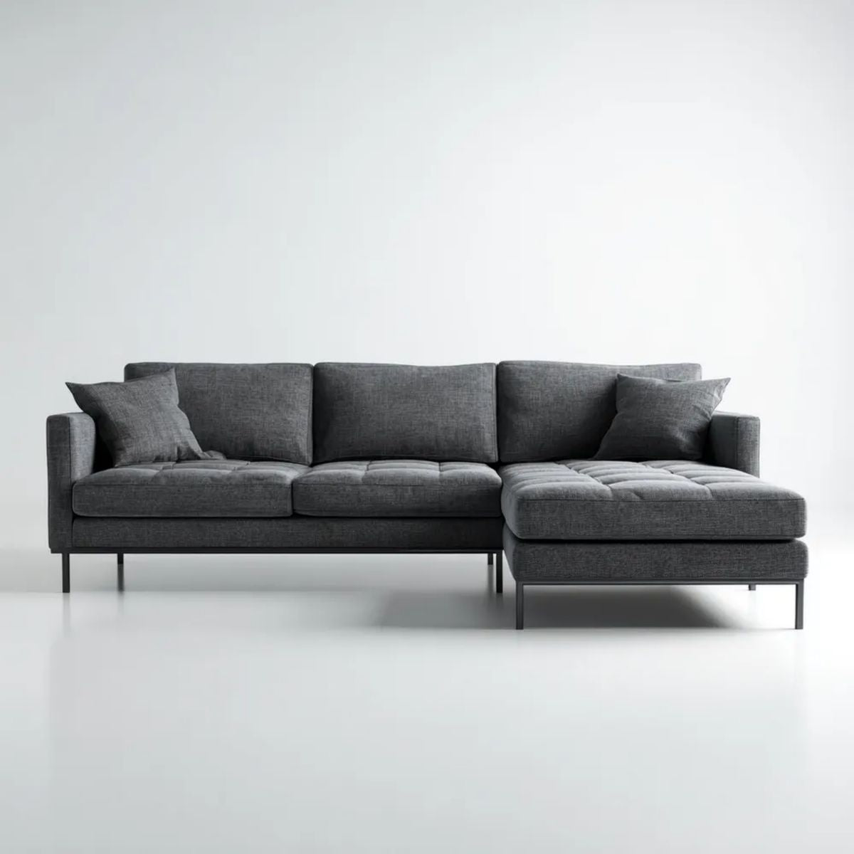 Ciemnoszara sofa narożna z prawostronnym szezlongiem, tapicerowana, 250 × 160 × 85 cm