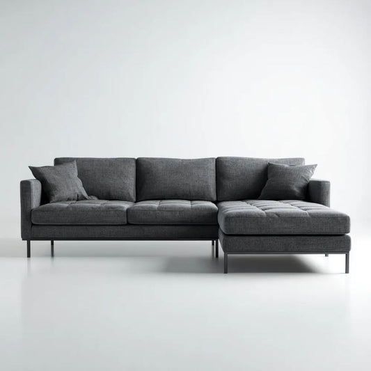 Ciemnoszara sofa narożna z prawostronnym szezlongiem, tapicerowana, 250 × 160 × 85 cm