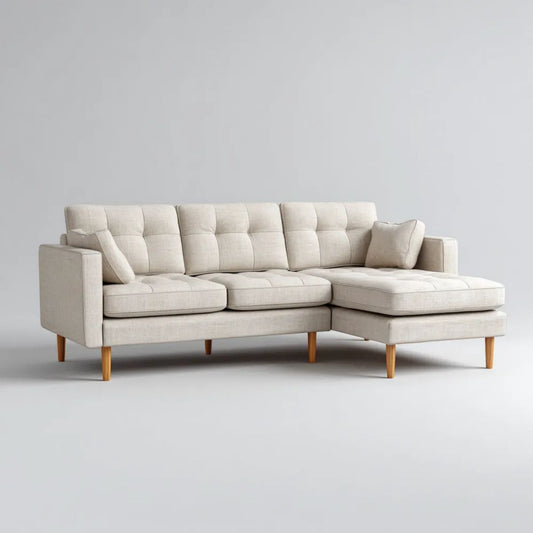 Kremowa sofa narożna z prawostronnym szezlongiem w kształcie L z tkaniny, 250 × 160 × 85 cm