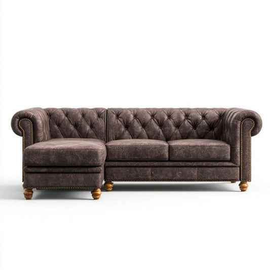 Lewostronna sofa narożna Chesterfield z tapicerką PU, ciemnobrązowa, 275 x 165 x 78 cm