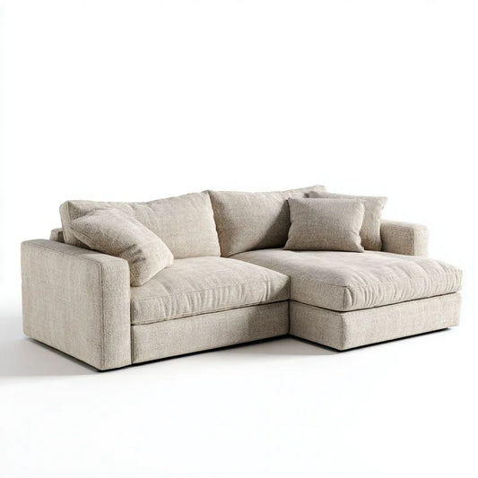 Beżowa sofa narożna z prawostronnym szezlongiem, tapicerka poliestrowa, 230 x 160 x 85 cm
