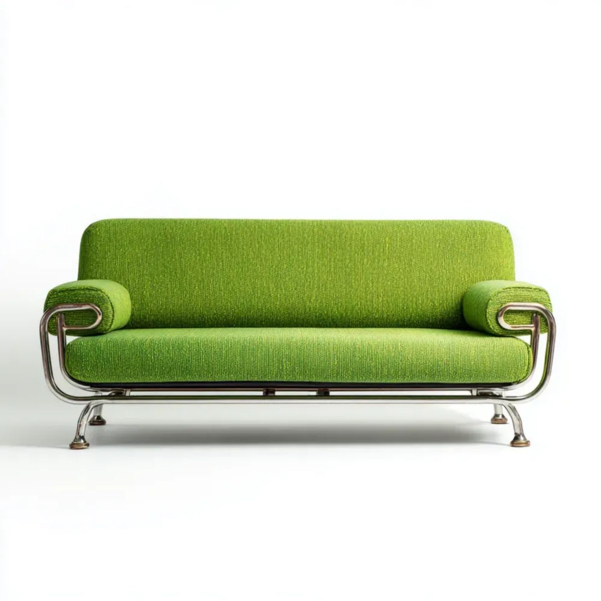 Dwuosobowa sofa zielona z tapicerką ze sztruksu poliestrowego i chromowaną stalową ramą, 160 × 80 × 75 cm