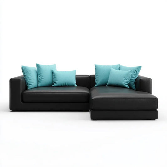 Prawostronna sofa narożna w kształcie L z ekoskóry, czarno-turkusowa, 260 x 160 x 85 cm