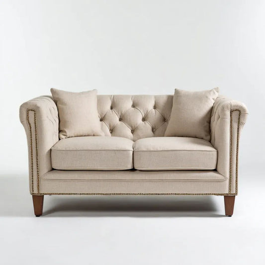 Beżowa dwuosobowa sofa tapicerowana tkaniną poliestrową 155 x 88 x 86 cm