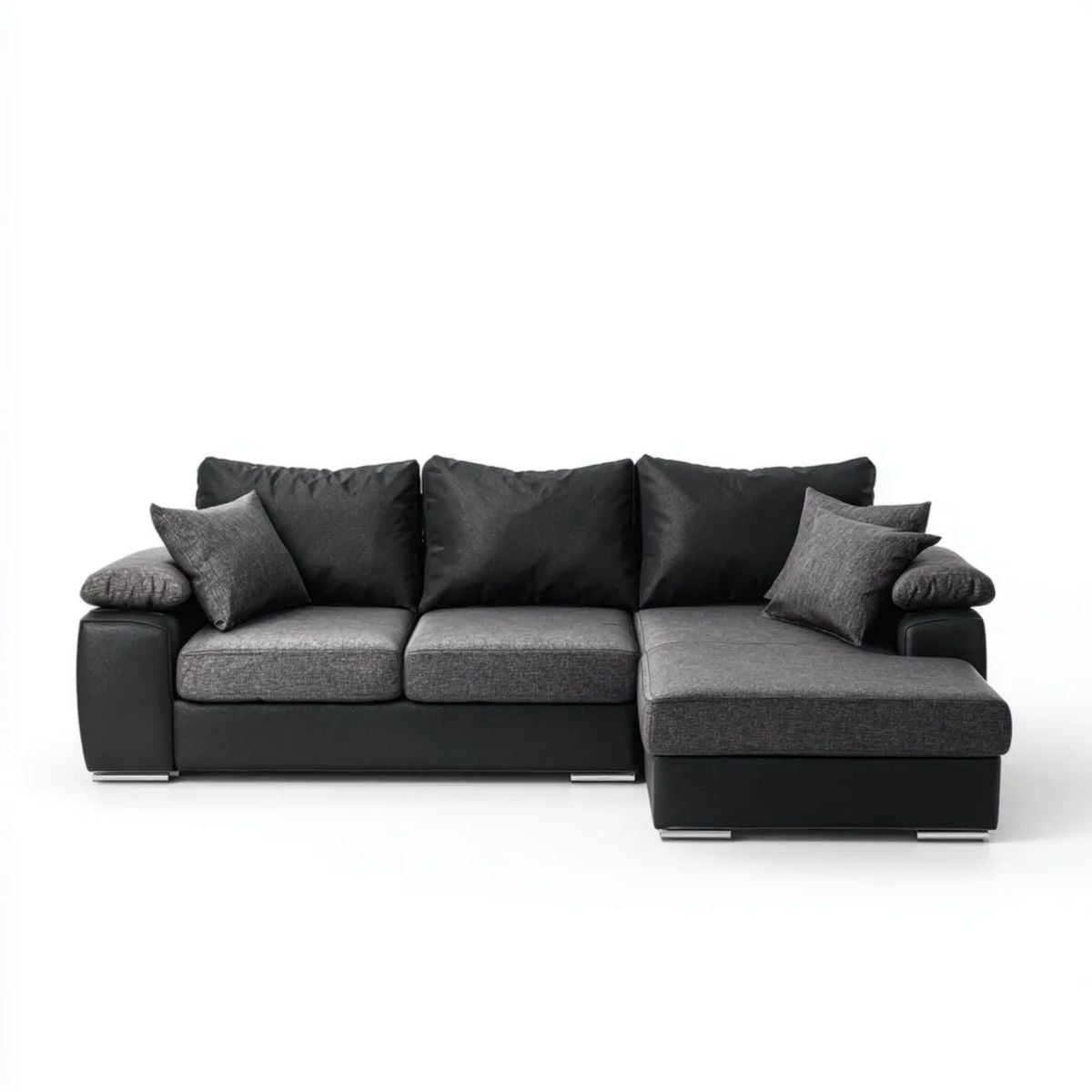 Sofa narożna z prawostronnym szezlongiem z poliestru i PVC, czarno-szara, 270 × 170 × 88 cm