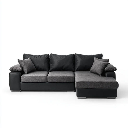 Sofa narożna z prawostronnym szezlongiem z poliestru i PVC, czarno-szara, 270 × 170 × 88 cm