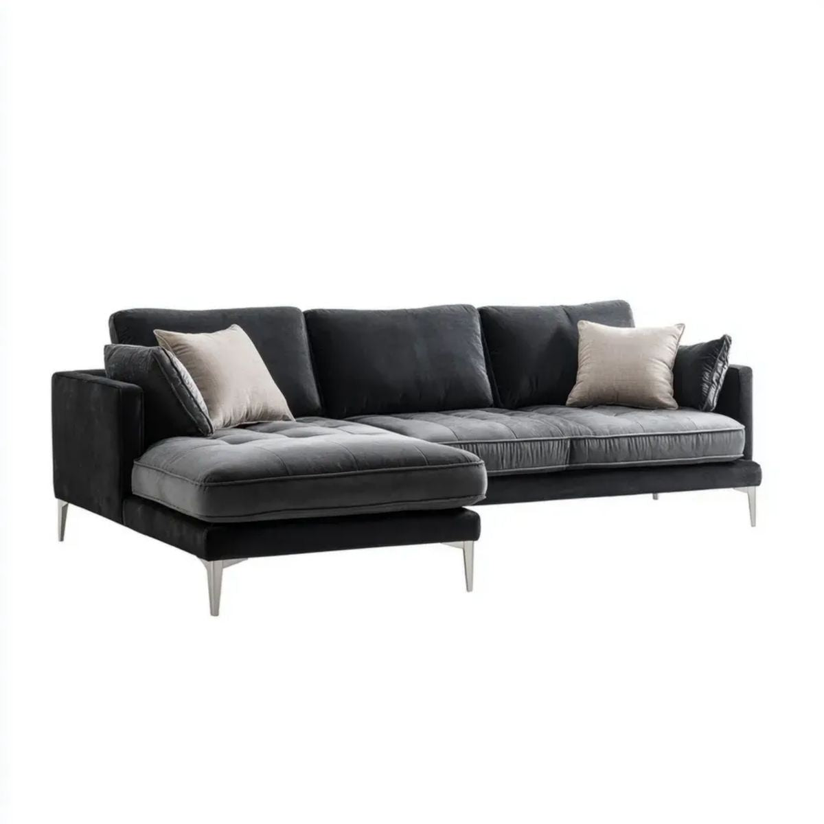 Czarna sofa narożna w kształcie L z lewym szezlongiem, welur poliestrowy, 290 × 165 × 85 cm