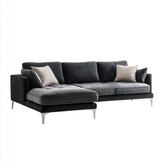 Czarna sofa narożna w kształcie L z lewym szezlongiem, welur poliestrowy, 290 × 165 × 85 cm