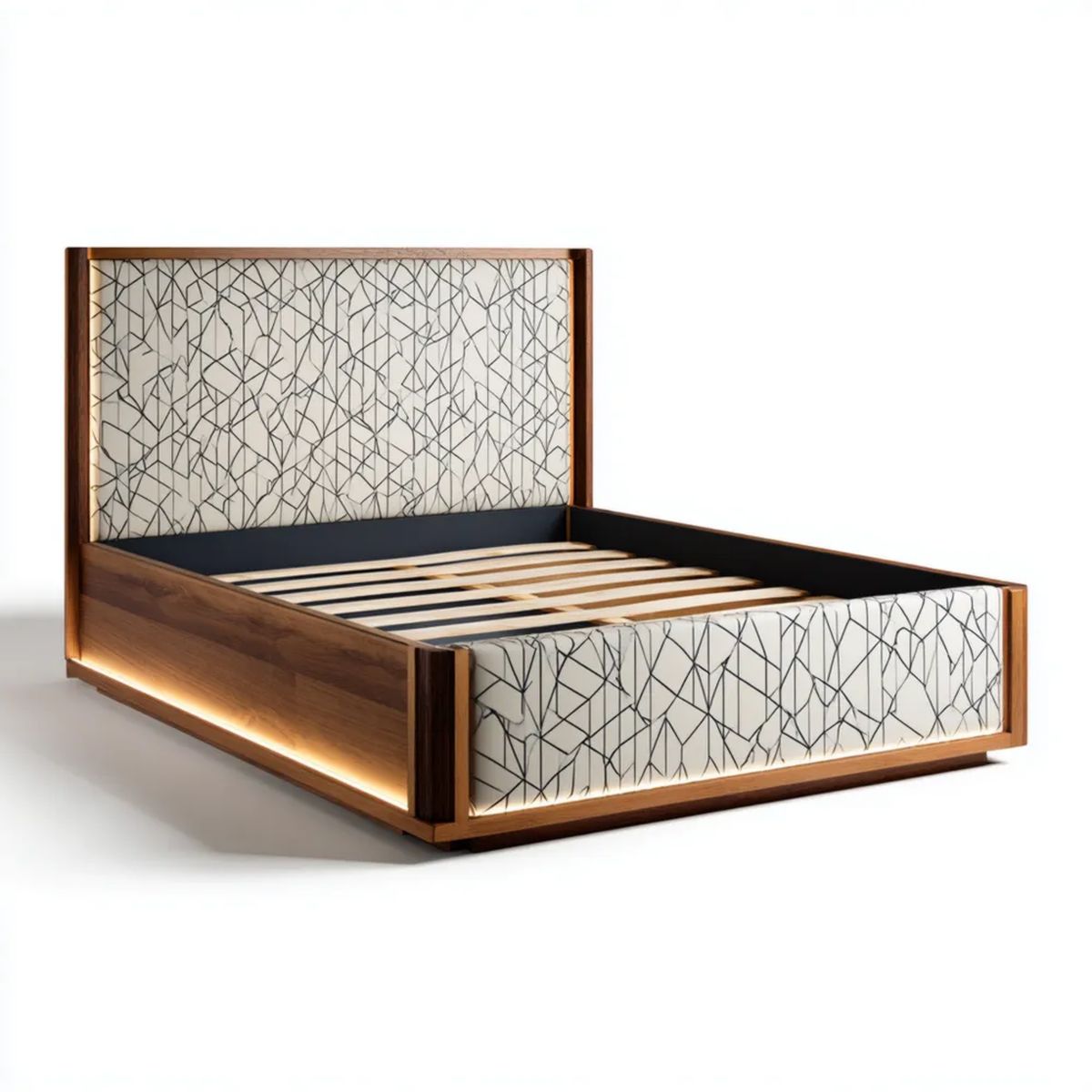 Rama łóżka dwuosobowego 160 x 200 cm brązowo-biało-czarna z MDF i tapicerką PU z oświetleniem LED
