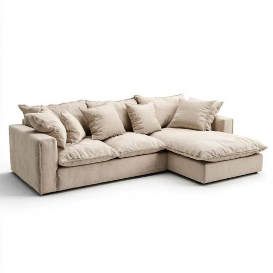 Beżowa sofa narożna ze szezlongiem z poliestrowego sztruksu 280 × 170 × 85 cm, prawostronna