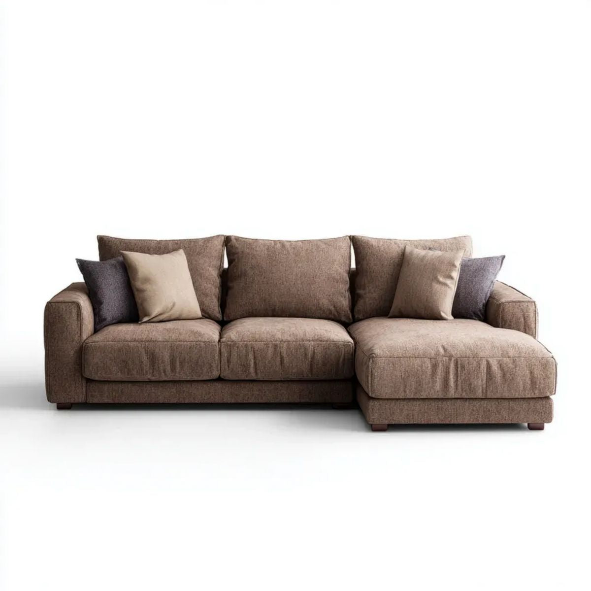 Brązowa sofa narożna prawostronna z szezlongiem, tapicerka poliestrowa, 280 x 160 x 85 cm