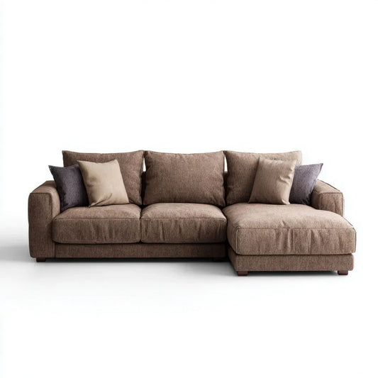 Brązowa sofa narożna prawostronna z szezlongiem, tapicerka poliestrowa, 280 x 160 x 85 cm