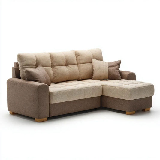 Prawostronna sofa narożna z szezlongiem beżowo-brązowa, tapicerowana tkaniną, 220 x 150 x 85 cm