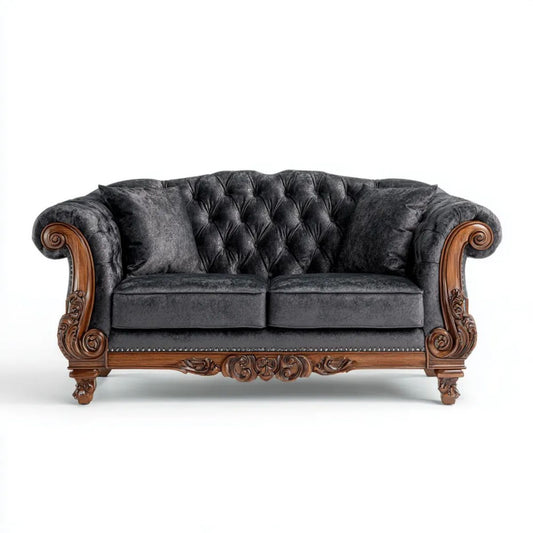 Dwuosobowa sofa Chesterfield z aksamitu na drewnianej ramie, ciemnoszaro-brązowa, 170 x 90 x 92 cm