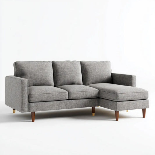 Prawostronna sofa narożna z szezlongiem, szara, tapicerka poliestrowa, 230 x 150 x 85 cm