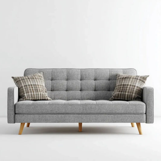 Trzyosobowa sofa z tapicerką poliestrową, szara z jasnobrązowymi nogami, 205 x 85 x 86 cm