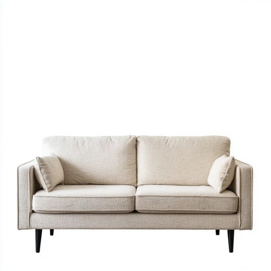 Beżowa sofa dwuosobowa z tapicerką poliestrową i czarnymi metalowymi nogami 160 × 85 × 85 cm