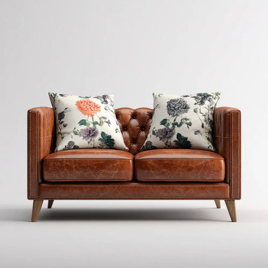 Brązowa sofa dwuosobowa ze skóry syntetycznej 150 x 90 x 85 cm z 2 poduszkami